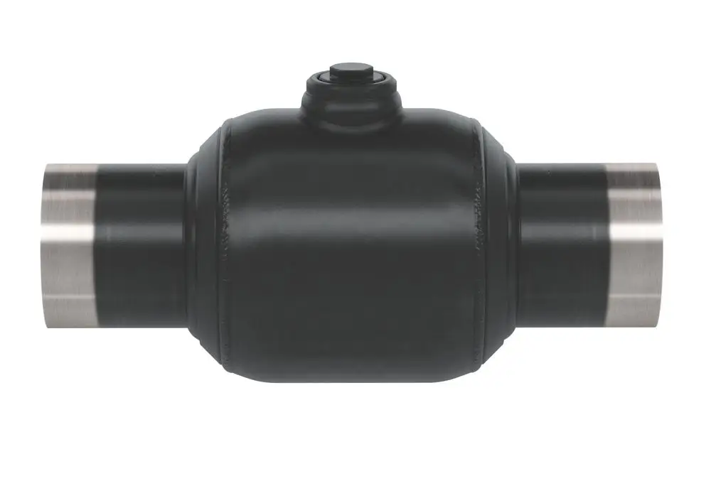 Kugelhahn von Danfoss mit schwarzem Gehäuse und zwei Anschlussenden. Der Hahn ist für die Steuerung von Flüssigkeitsströmen in Rohrsystemen konzipiert.